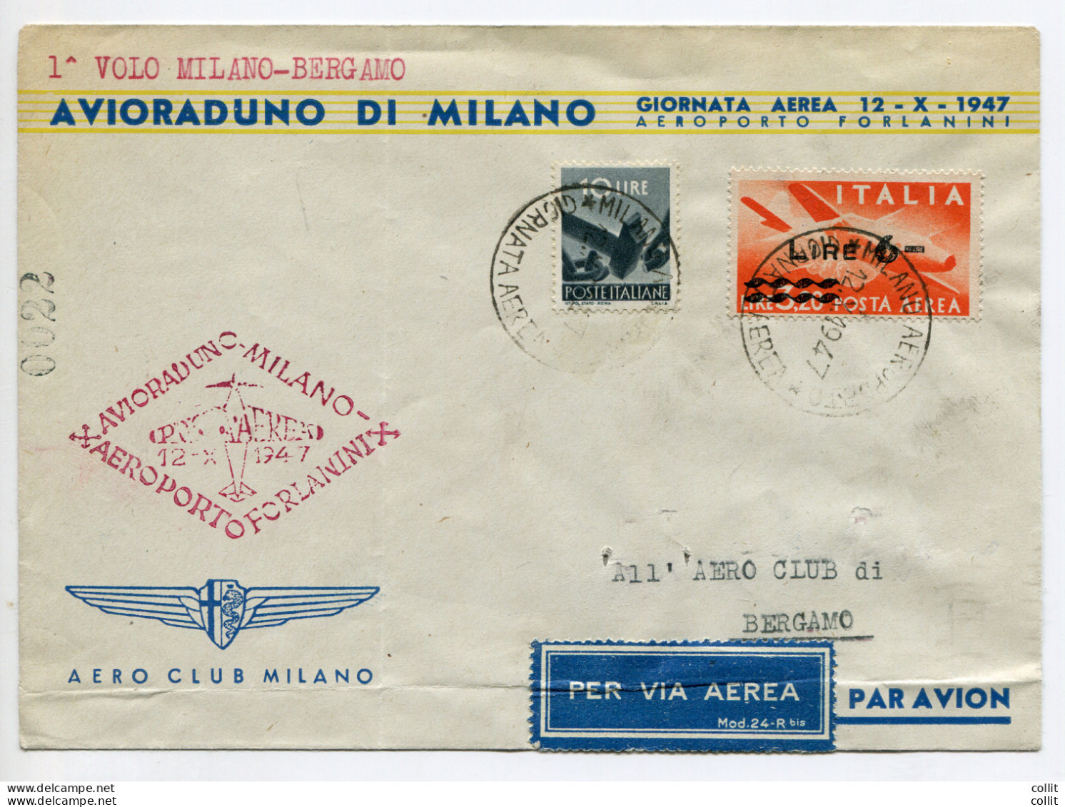 1947 Milano/Bergamo - Aerogramma Del Volo Con Aereo Di Gara - Poste Aérienne