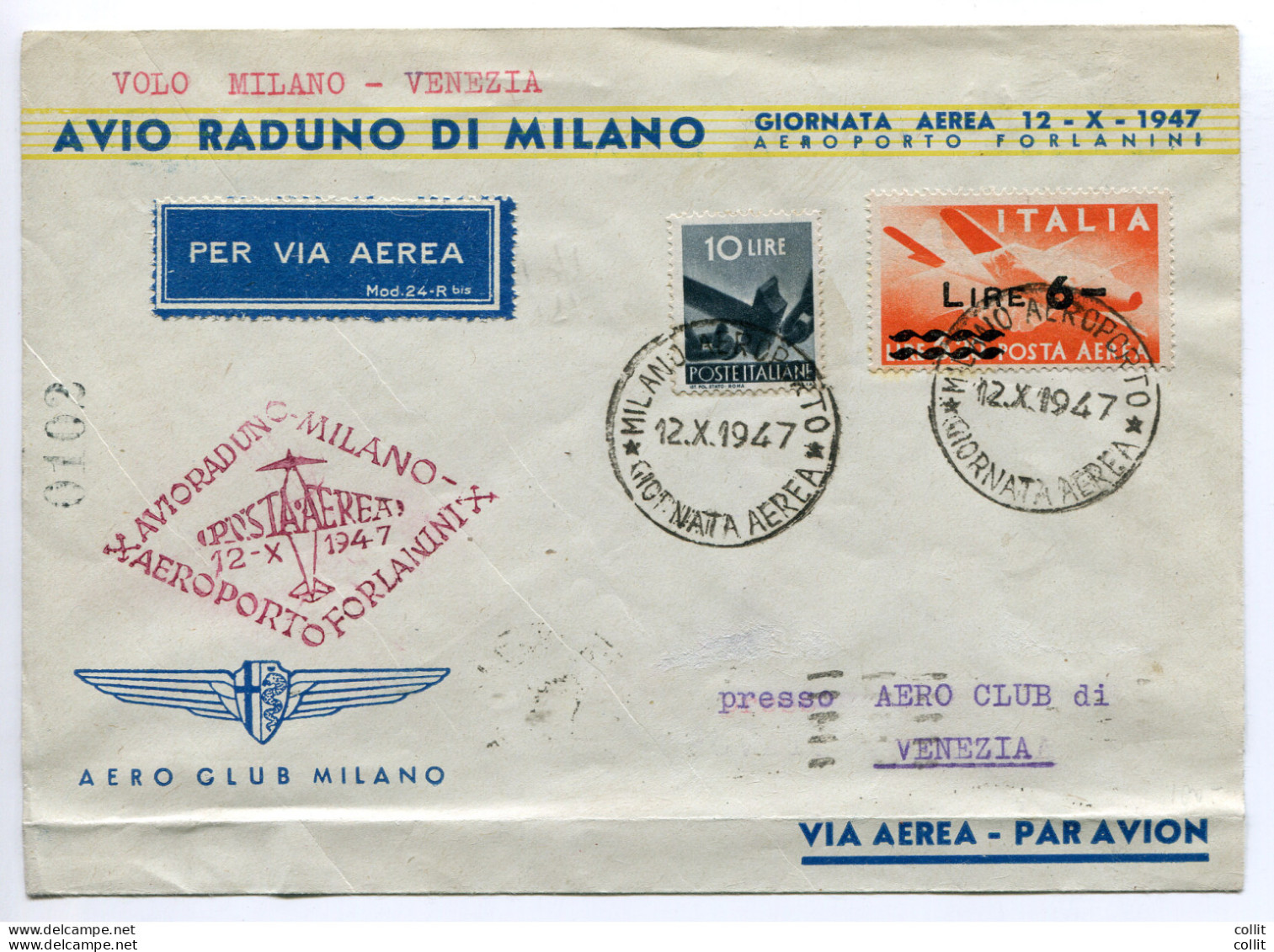 1947 Milano/Venezia - Aerogramma Del Volo Con Aereo Di Gara - Airmail