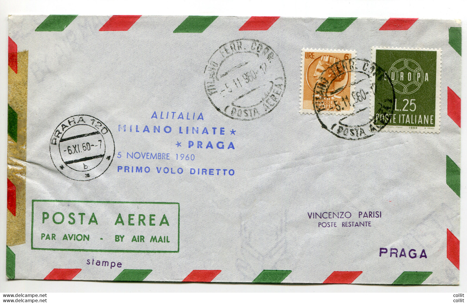 Alitalia Milano/Praga Del 5.11.60 - Aerogramma Con Cachet Del Volo - Posta Aerea