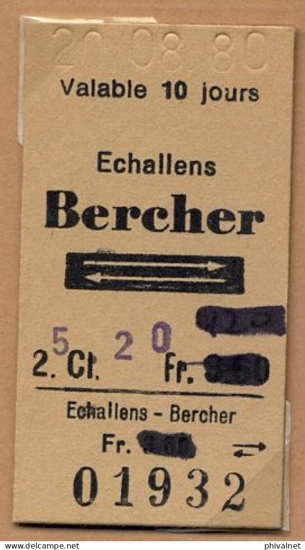 20/08/80 ECHALLENS - BERCHER , TICKET DE FERROCARRIL , TREN , TRAIN , RAILWAYS - Europa