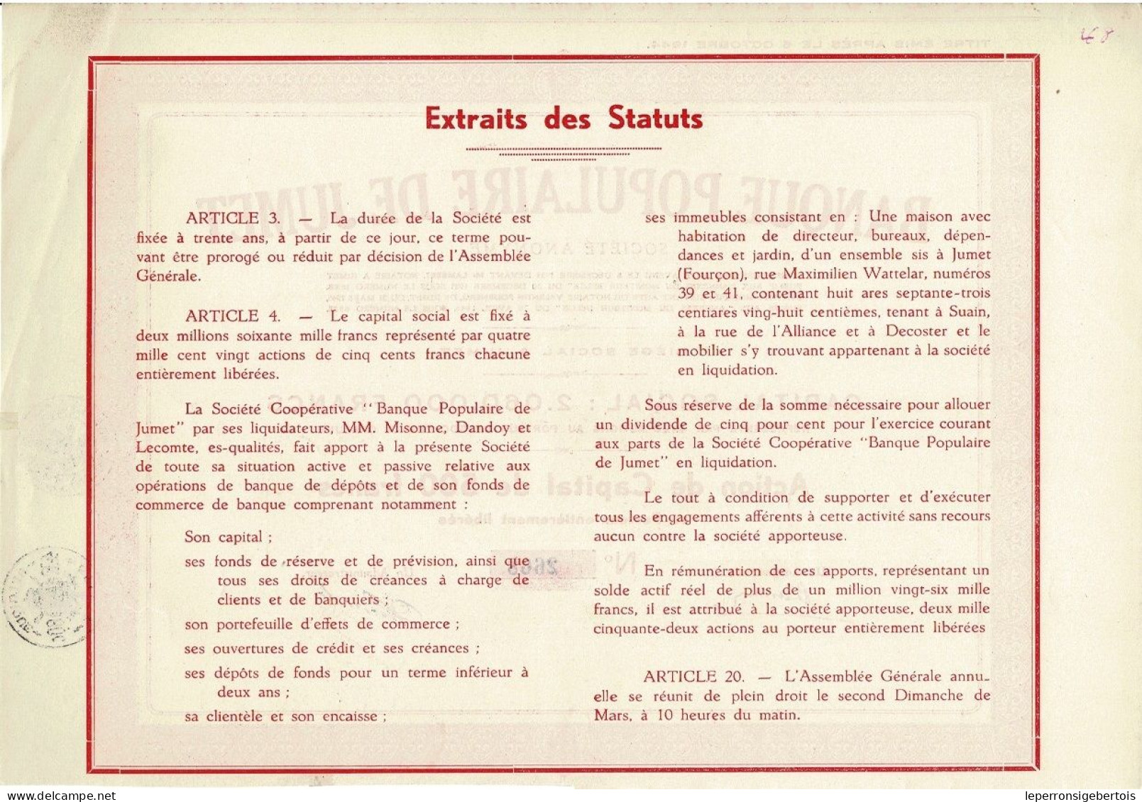 - Titre De 1946 - Banque Populaire De Jumet - EF - Banque & Assurance