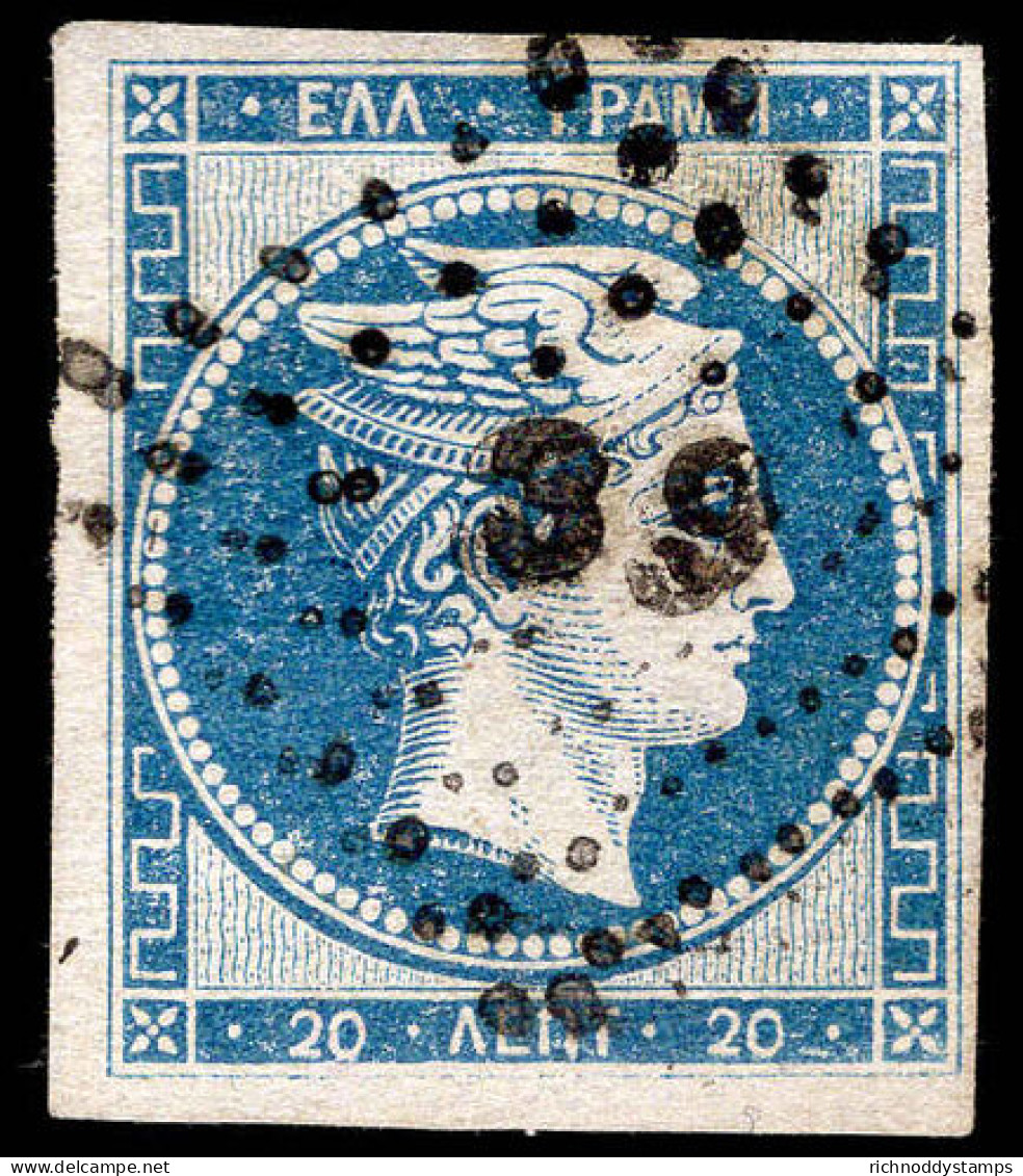 Greece 1861 20l Blue On Bluish Pelure Paper, Paris Print, No Number On Reverse. Fine Used. - Used Stamps