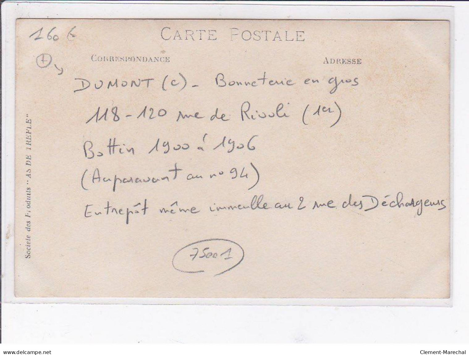 PARIS - Carte - Photo - Bonneterie En Gros - Dumont - Très Bon état - Paris (01)