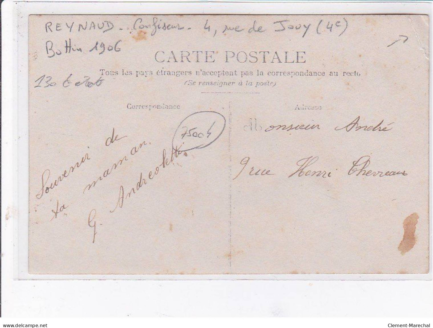 PARIS - Carte - Photo - Confiseur - Reynaud - 4 Rue De Jouy - état - District 04