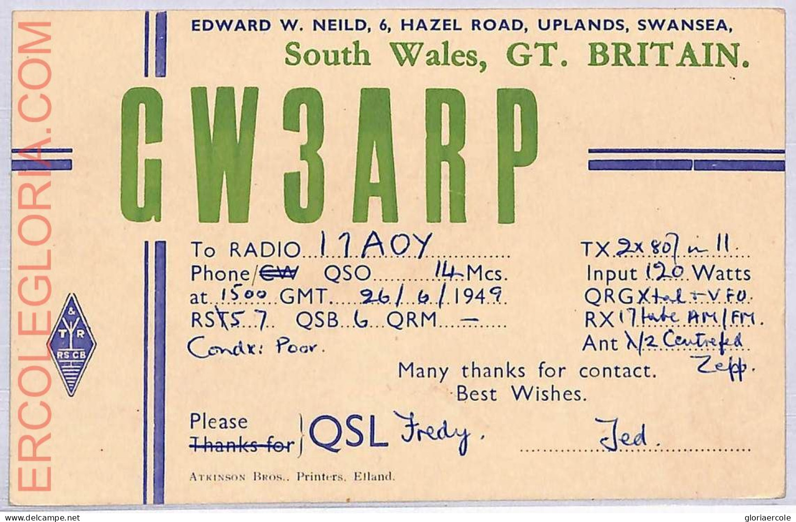 Ad9129 - GREAT BRITAIN - RADIO FREQUENCY CARD - England - 1949 - Radio