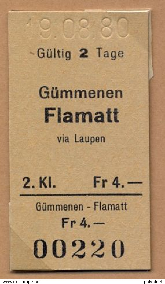 19/08/80 GÜMMENEN - FLAMATT , TICKET DE FERROCARRIL , TREN , TRAIN , RAILWAYS - Europe