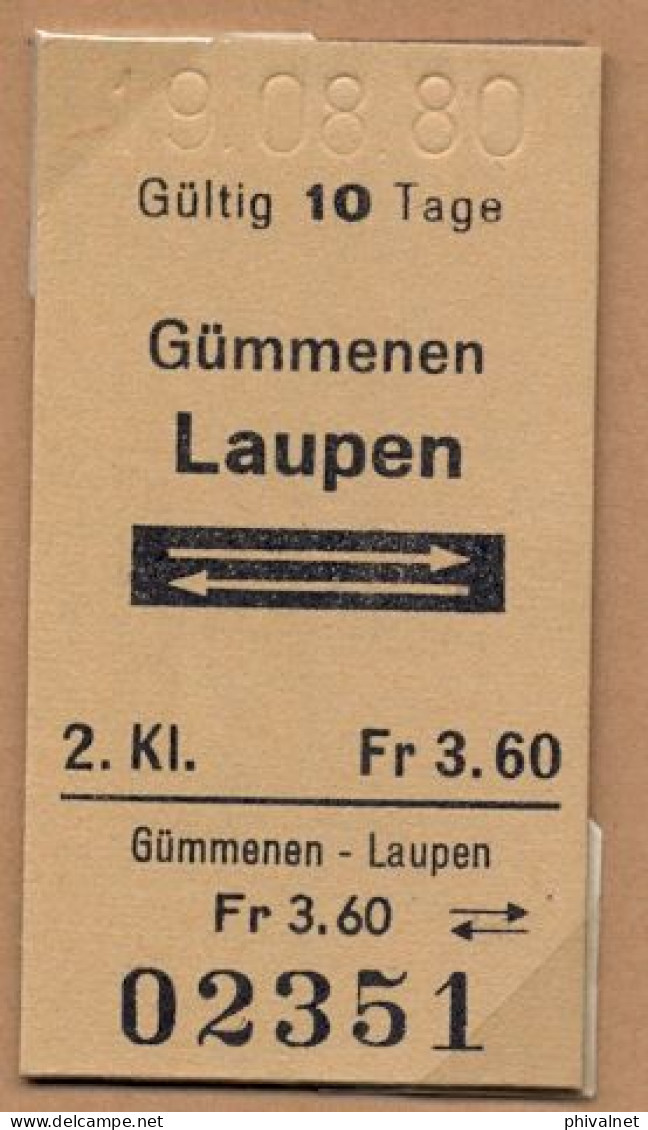 19/08/80 GÜMMENEN - LAUPEN , TICKET DE FERROCARRIL , TREN , TRAIN , RAILWAYS - Europe