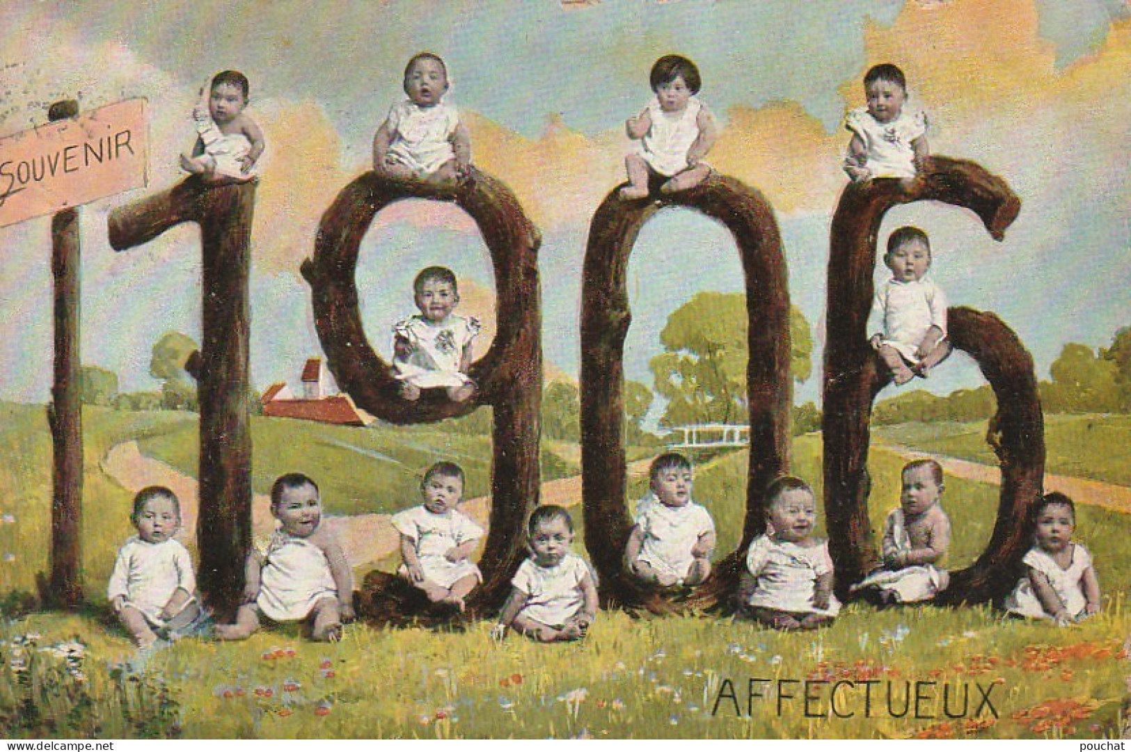 HO Nw (2) ANNEE 1906 - GROUPE DE BEBES , DECOR CHAMPETRE - 2 SCANS - Gruppi Di Bambini & Famiglie