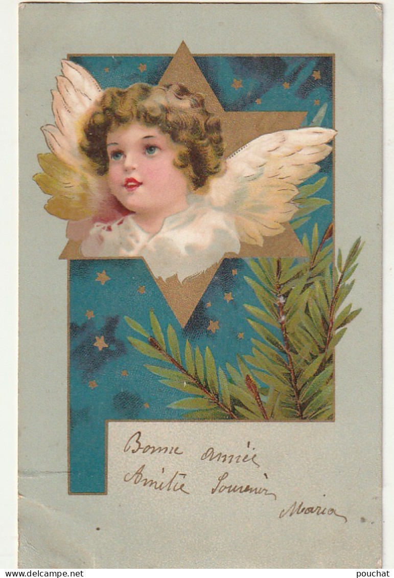 HO Nw (2) " BONNE ANNEE " - PORTRAIT D' ANGELOT DANS ETOILE DOREE , CIEL ETOILE , SAPIN - ILLUSTRATEUR - 2 SCANS - Neujahr