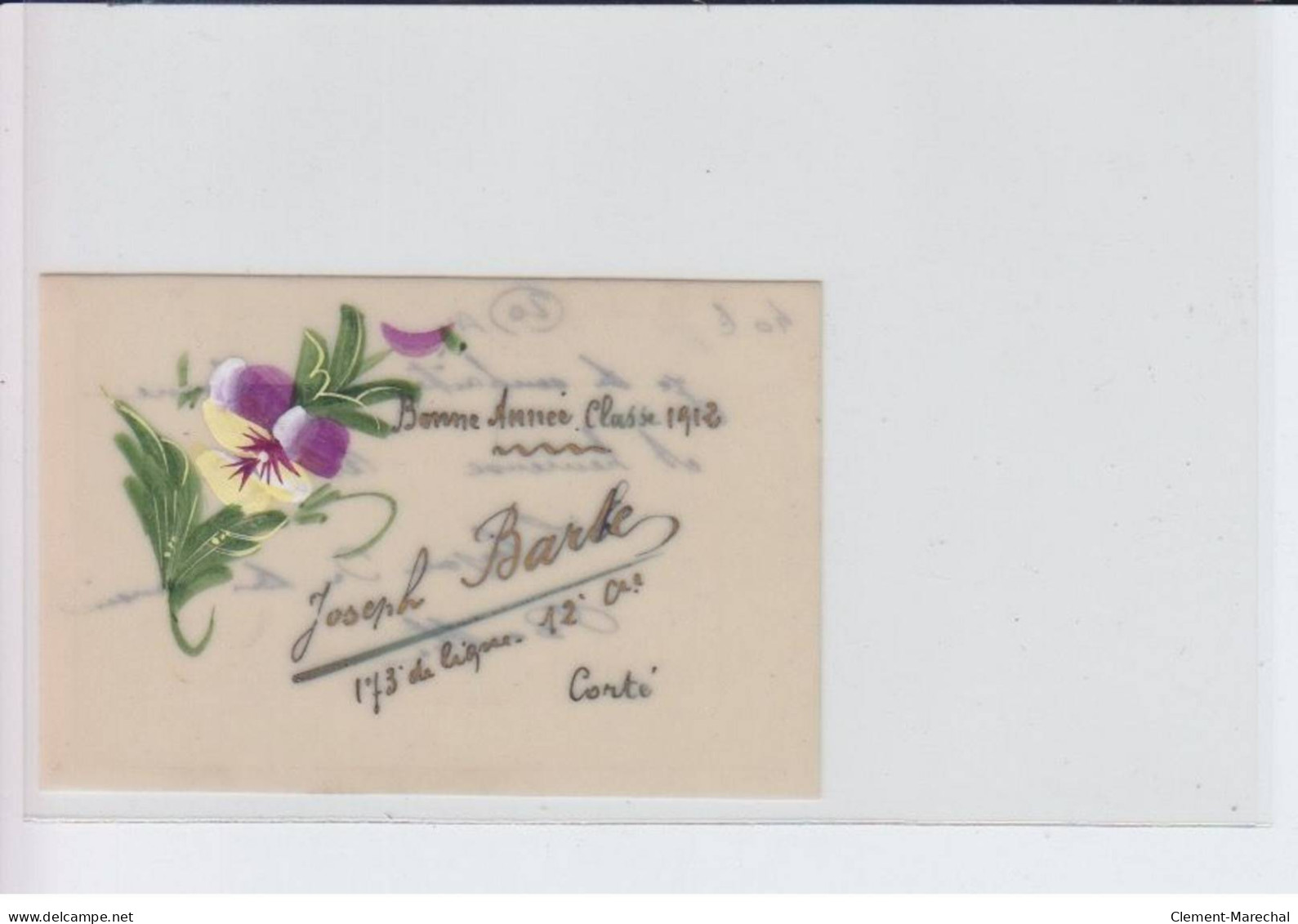 CORTE: Bonne Année 1912, Joseph Barte, Petite Carte De Militaire Avec Fleurs (celluloide)  - Très Bon état - Altri & Non Classificati