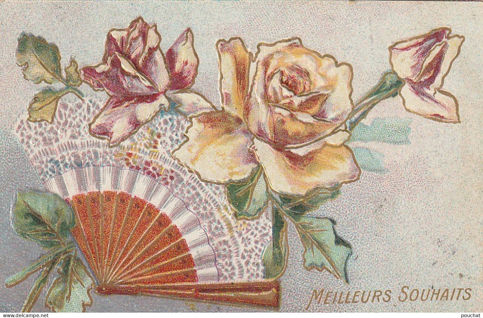 HO Nw (3) " MEILLEURS SOUHAITS " - CARTE FANTAISIE GAUFREE - EVENTAIL ET FLEURS : ROSES - 2 SCANS - Neujahr