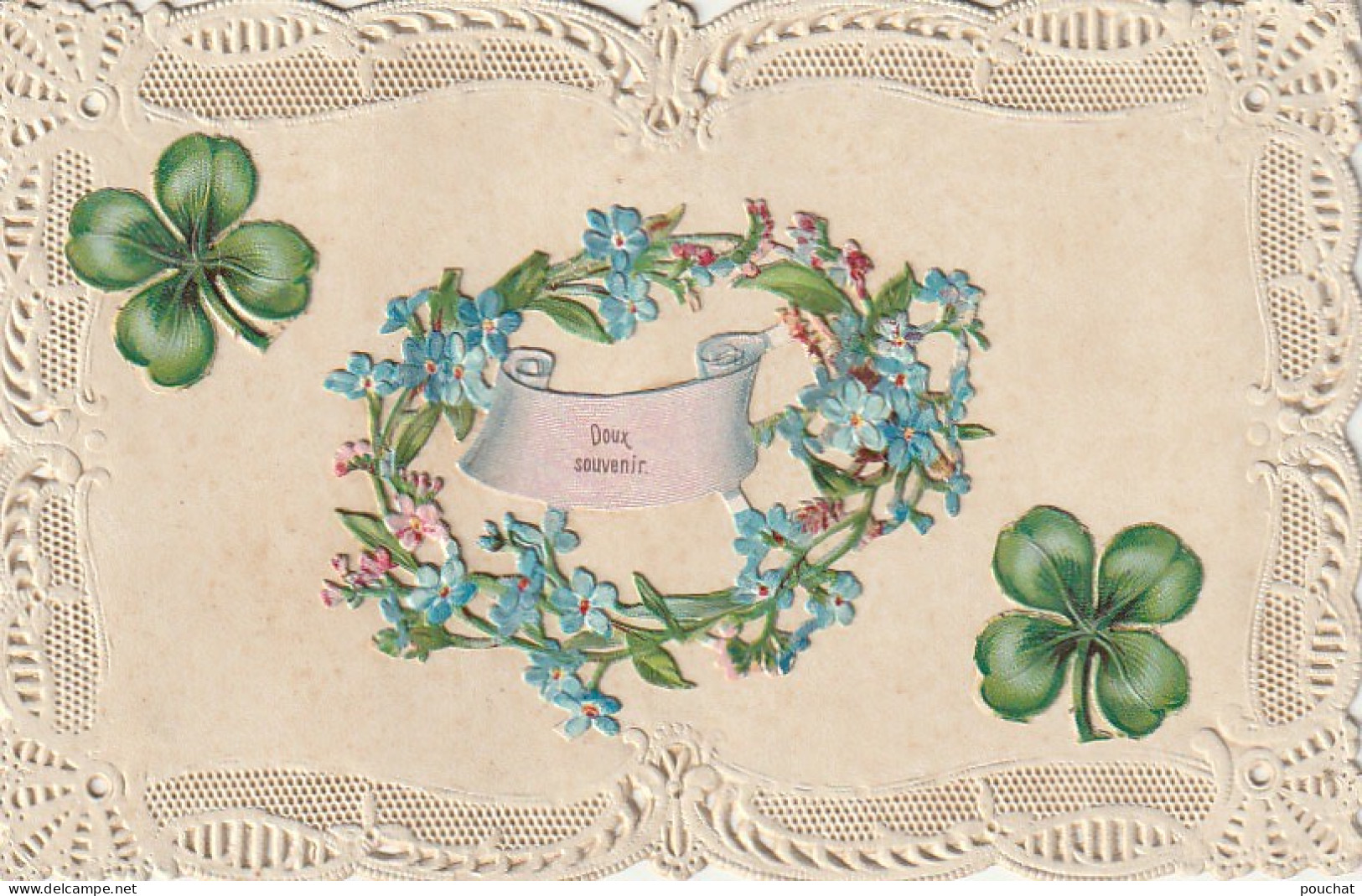 HO Nw (3) " DOUX SOUVENIR " - CARTE FANTAISIE AJOUREE AVEC CHROMOS TREFLES ET FLEURS - 2 SCANS - Altri & Non Classificati