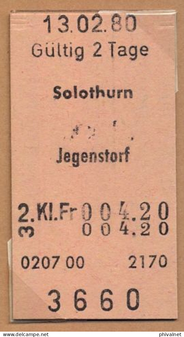 13/02/80 SOLOTHURN - JEGENSTORF , TICKET DE FERROCARRIL , TREN , TRAIN , RAILWAYS - Europa