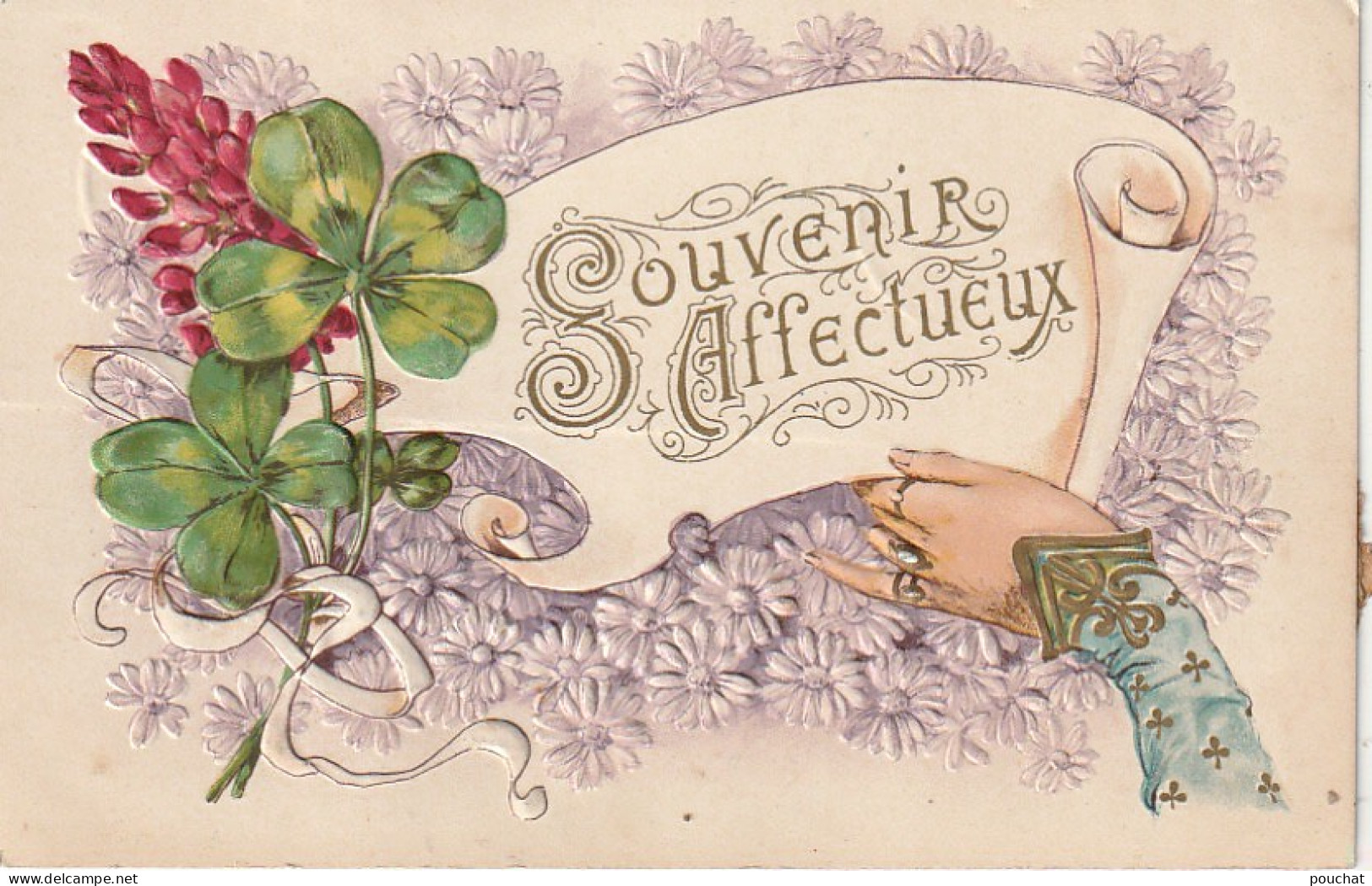 HO Nw (3) " SOUVENIR AFFECTUEUX " - CARTE FANTAISIE GAUFREE -  COMPOSITION FLORALE AVEC TREFLE  - 2 SCANS - Altri & Non Classificati