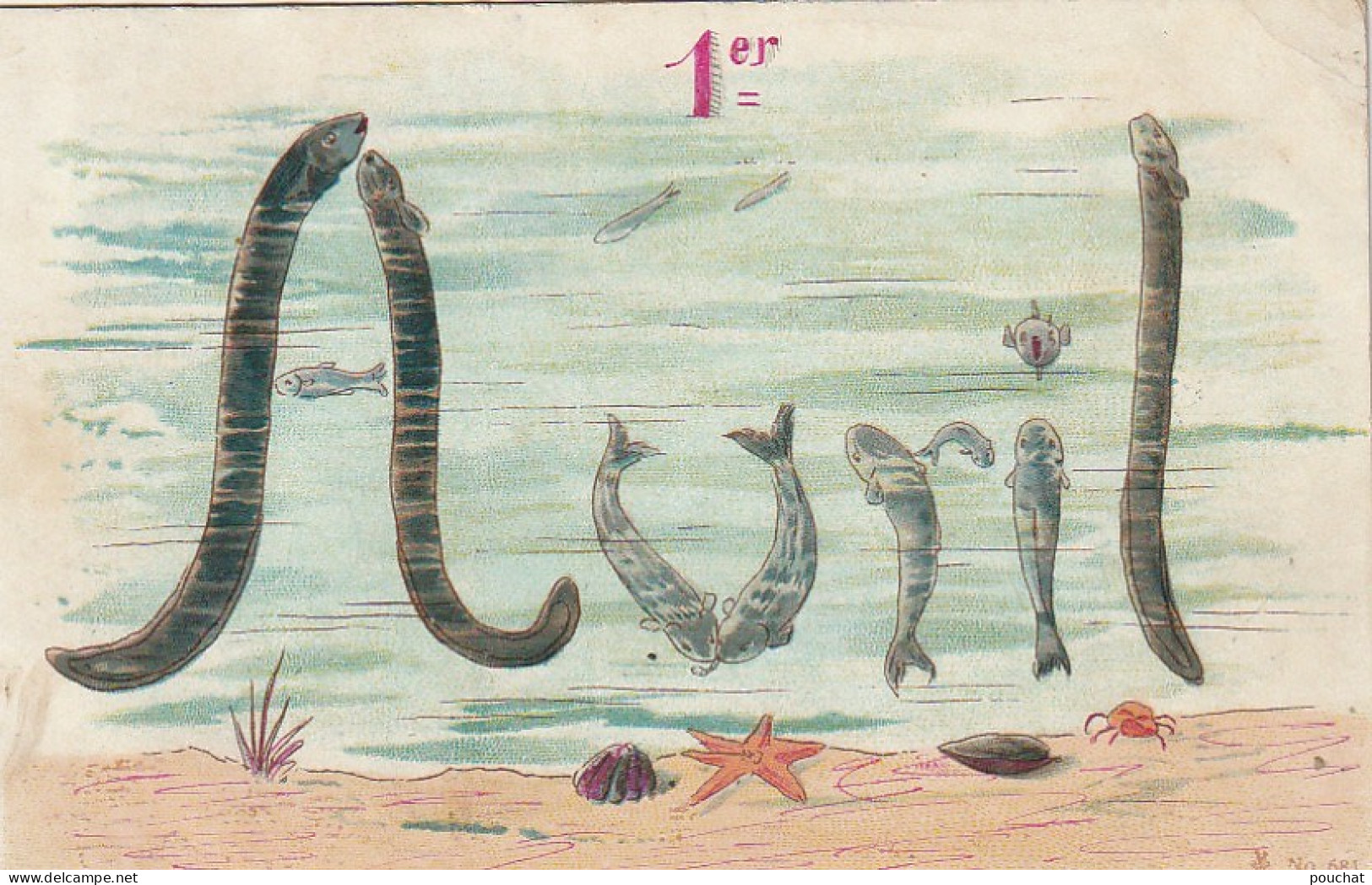 HO Nw (5) " 1er AVRIL " - CARTE FANTAISIE - ANGUILLES ET POISSONS SUR FOND MARIN , COQUILLAGES - 2 SCANS - April Fool's Day