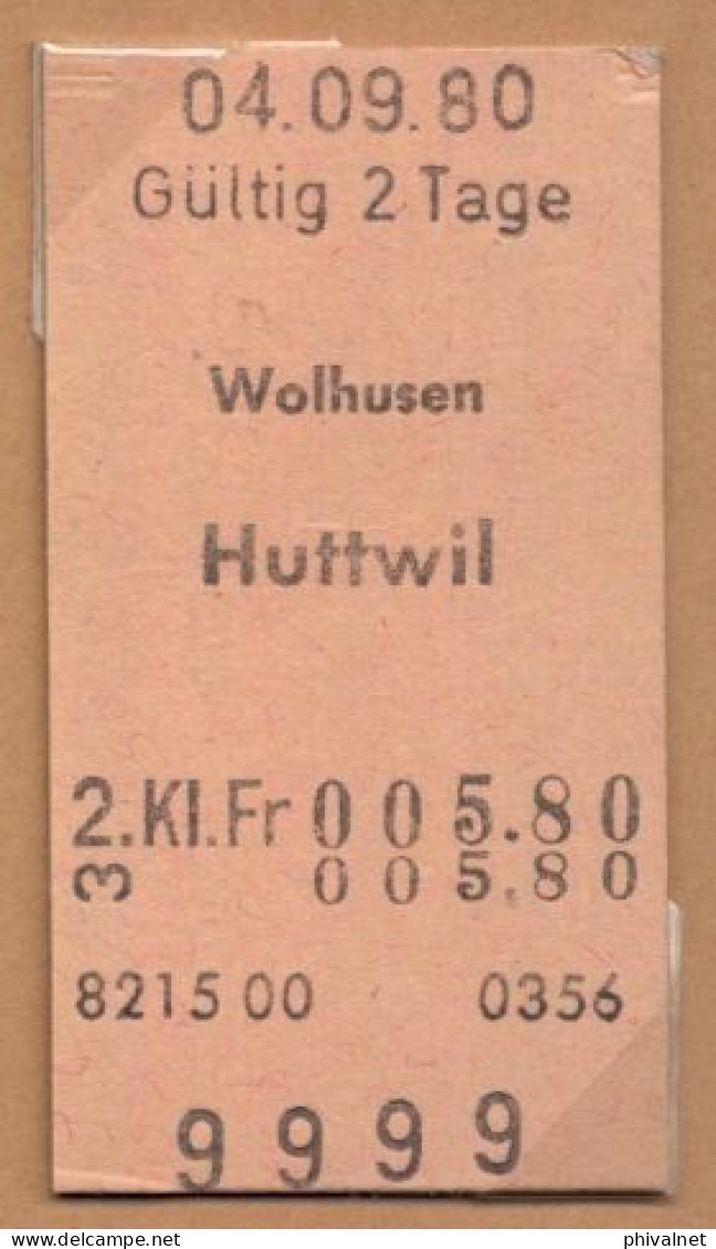 04/09/80 WOLHUSEN - HUTTWIL , TICKET DE FERROCARRIL , TREN , TRAIN , RAILWAYS - Europe