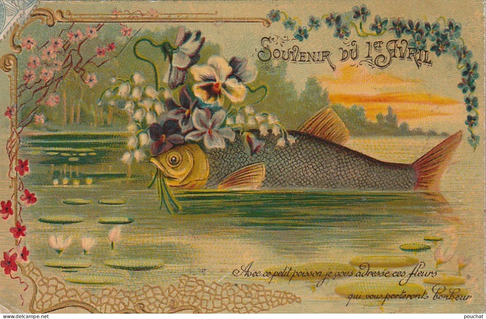 HO Nw (5) " SOUVENIR DU 1er AVRIL " - CARTE FANTAISIE GAUFREE - POISSON AVEC BOUQUET DE FLEURS - 2 SCANS - 1° Aprile (pesce Di Aprile)