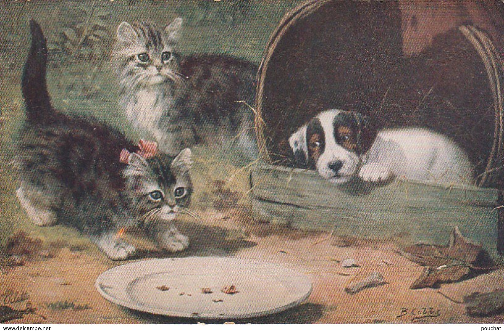 HO Nw (5) " WHEN DOGS ARE PUPPIES " - CHIOT ET COUPLE DE CHATONS DEVANT GAMELLE - ILLUSTRATEUR B. COBBE - 2 SCANS - Sonstige & Ohne Zuordnung