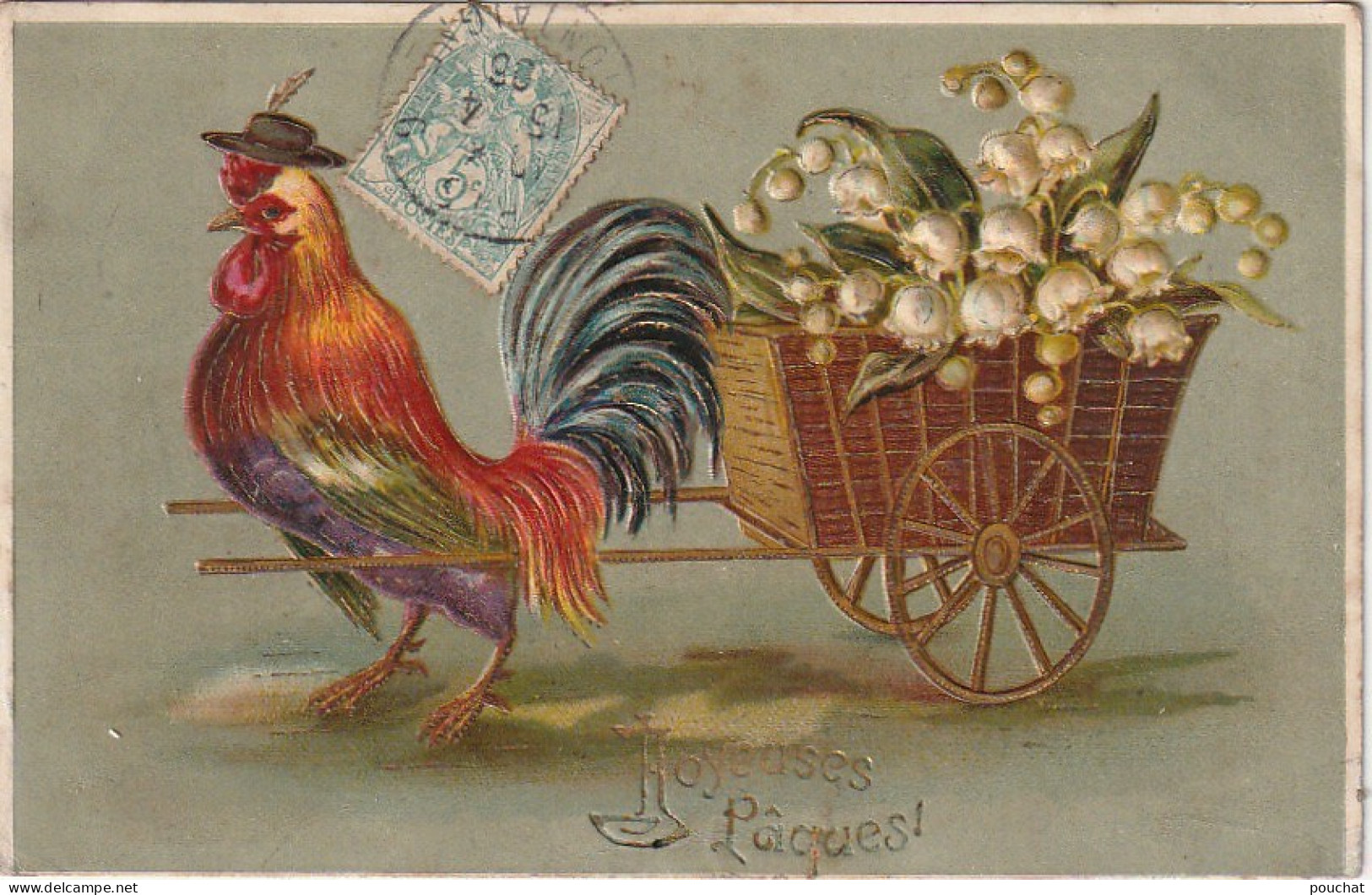 HO Nw (5) " JOYEUSES PAQUES " - CARTE FANTAISIE GAUFREE - COQ HUMANISE TIRANT UNE CARRIOLE DE MUGUET - 2 SCANS - Pasen