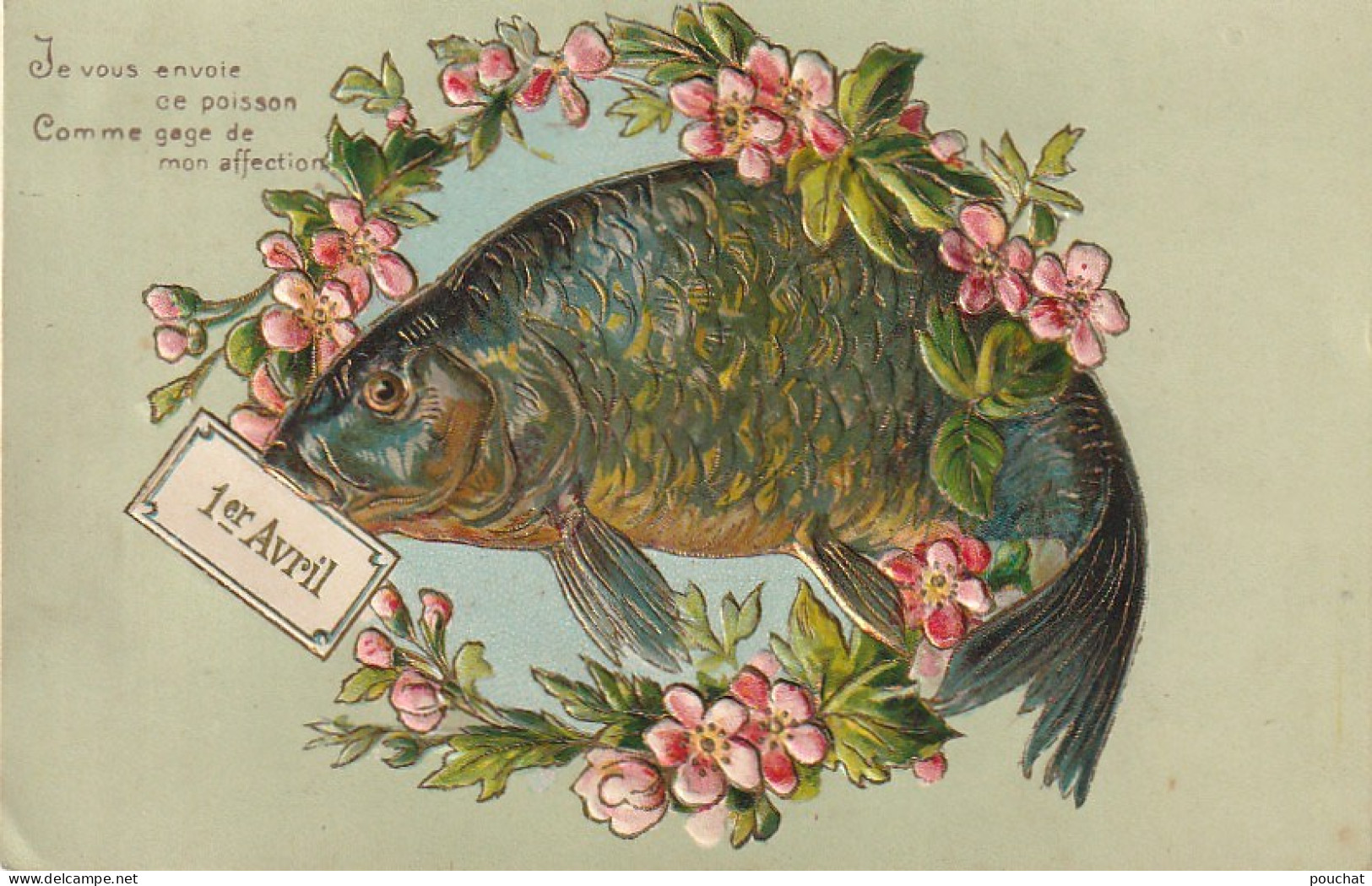 HO Nw (5) " 1er AVRIL " - CARTE FANTAISIE GAUFREE - POISSON AVEC COURONNE DE FLEURS - 2 SCANS - April Fool's Day