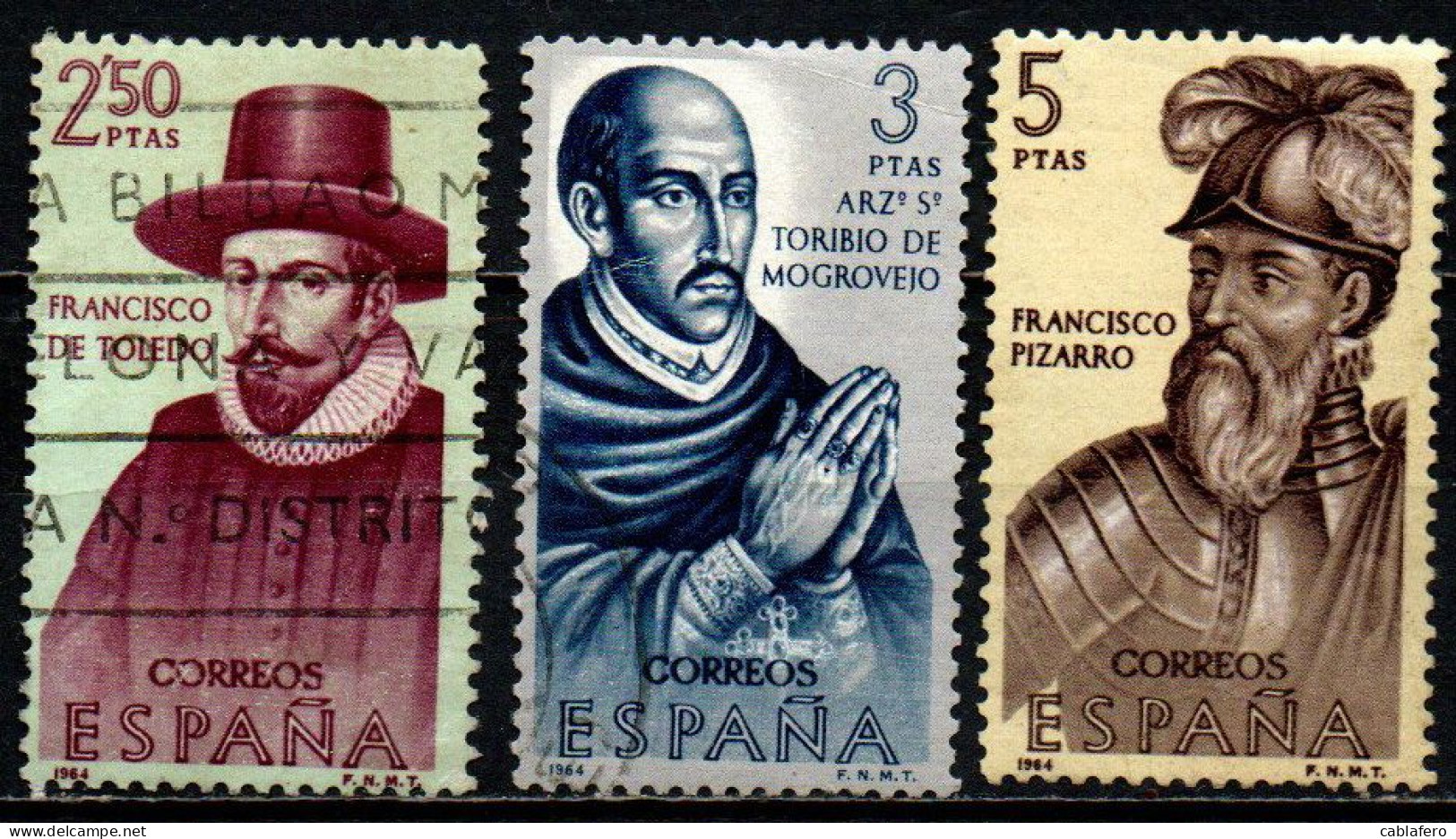 SPAGNA - 1964 - CONQUISTATORI DELL'AMERICA: FRANCìSCO DE TOLEDO, T. DE MONGROVEJO, FRANCISCO PIZARRO - USATI - Oblitérés