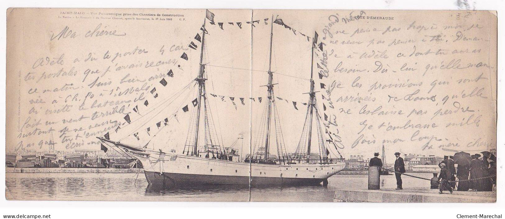 POLAIRE : Carte Panoramique Du "Français" Après Le Lancement à Saint Malo (Charcot - Format 11x28 Cm) -  état - Sailing Vessels