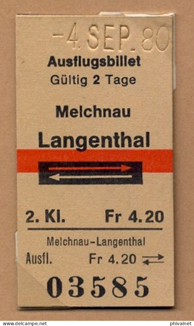 04/09/80 MELCHNAU - LANGENTHAL , TICKET DE FERROCARRIL , TREN , TRAIN , RAILWAYS - Europa