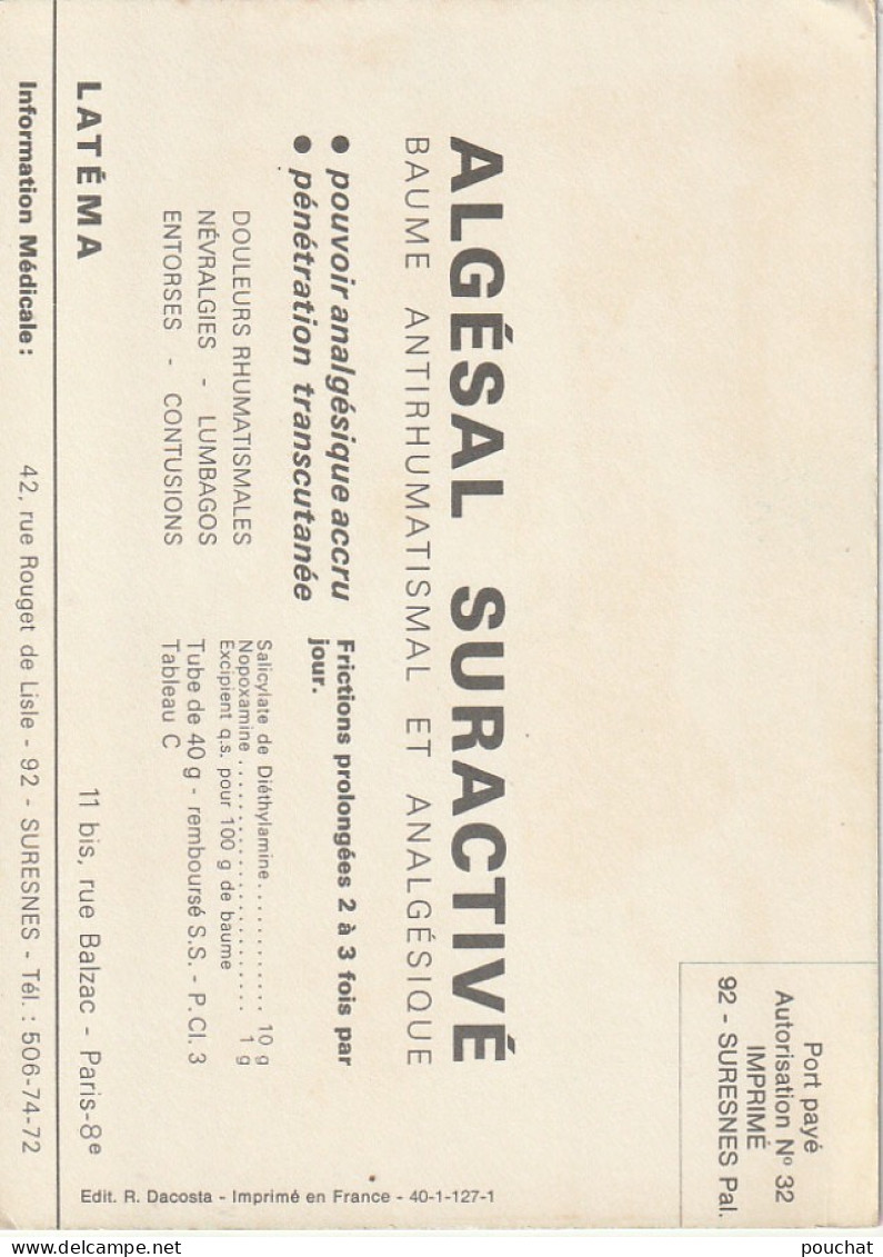 HO Nw (6) CARTE PUBLICITAIRE ALGESAL , LABORATOIRE LATEMA , SURESNES - FEMME CHOC , DOULEUR - 2 SCANS - Advertising