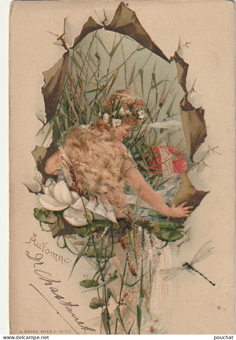 HO Nw (7) " AUTOMNE " - PORTRAIT DE FEMME DANS HERBES ET LIBELLULE - DORURE - ILLUSTRATEUR SOCKL - 2 SCANS - Other & Unclassified