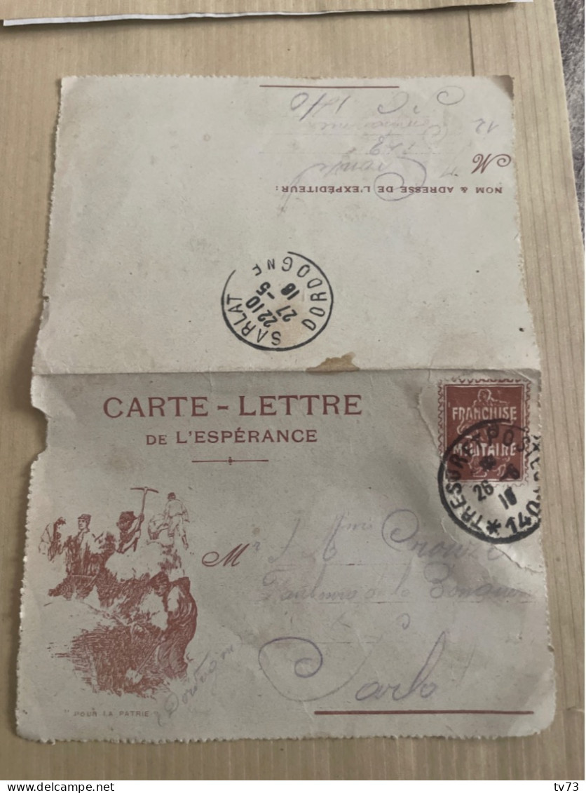 EB013b - Carte Lettre De L’espérance ( état ) Franchise Militaire Entier Postal Pour SARLAT - 1916 - Dordogne - Sarlat La Caneda