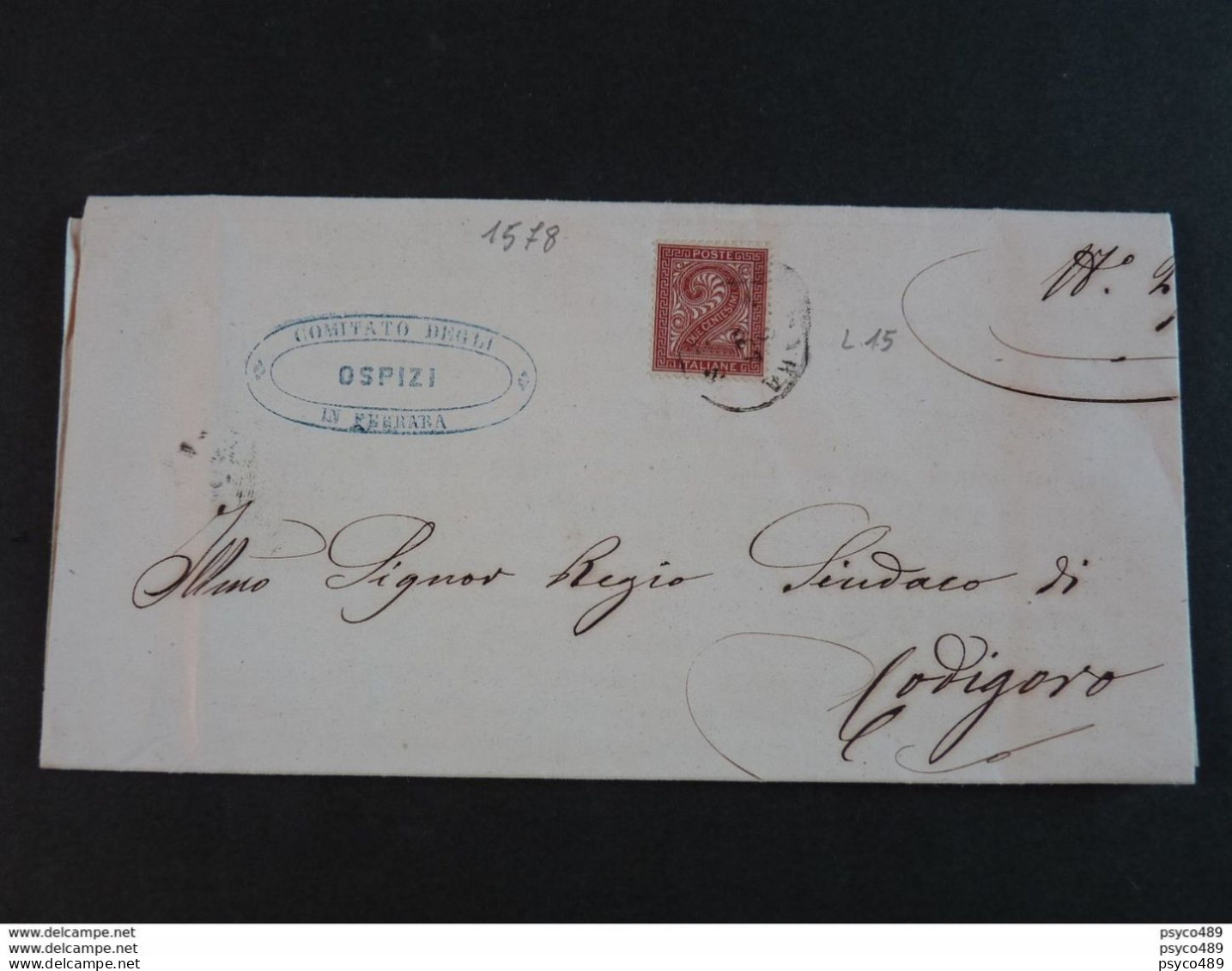 1578 ITALIA Regno-1865- "L 15 Cifra Londra" C. 2 FERRARA>CODIGORO (descrizione) - Poststempel