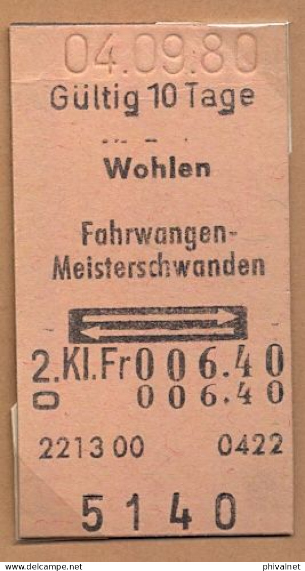 04/09/80 WOHLEN , FAHRWANGEN - MEISTERSCHWANDEN , TICKET DE FERROCARRIL , TREN , TRAIN , RAILWAYS - Europe