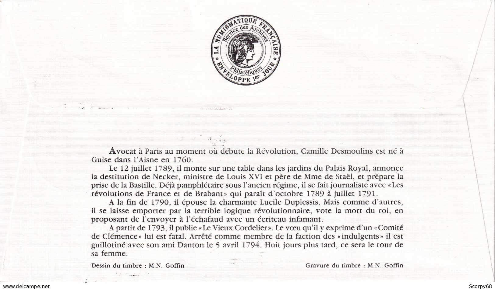 FDC 19/10/1989: Camille DESMOULINS 1760-1794 - Y&T N° 2594 - 1980-1989
