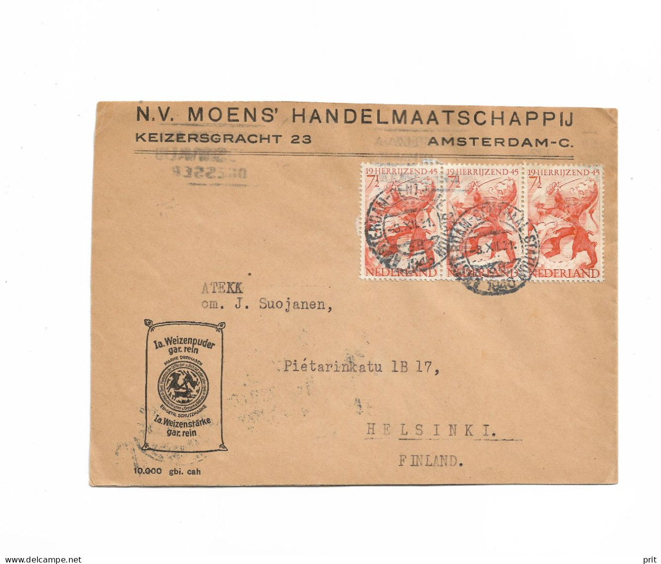 Amsterdam Netherlands Cover To Helsinki Finland 1946 Strip Of Three 7,5c Stamps, N.V.Moens' Handelmaatschappij - Covers & Documents