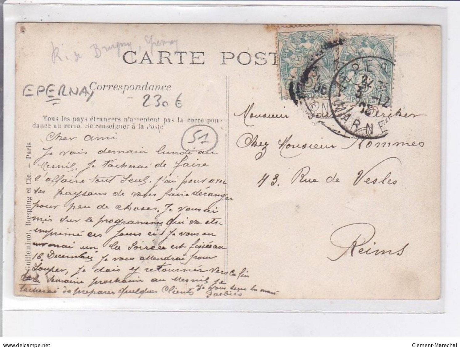 EPERNAY: Tailleur Garbiès, Attelage, Bureau De Placemeent M. Bleuet, - Très Bon état - Epernay