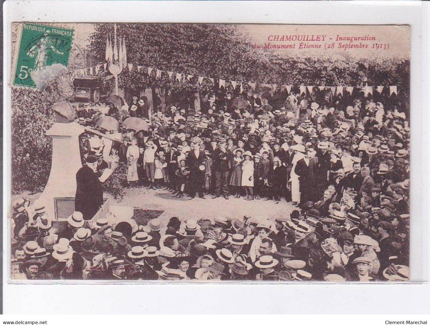 CHAMOUILLEY: Inauguration Du Monument étienne 28 Septembre 1913 Timbre Abimé - état - Autres & Non Classés
