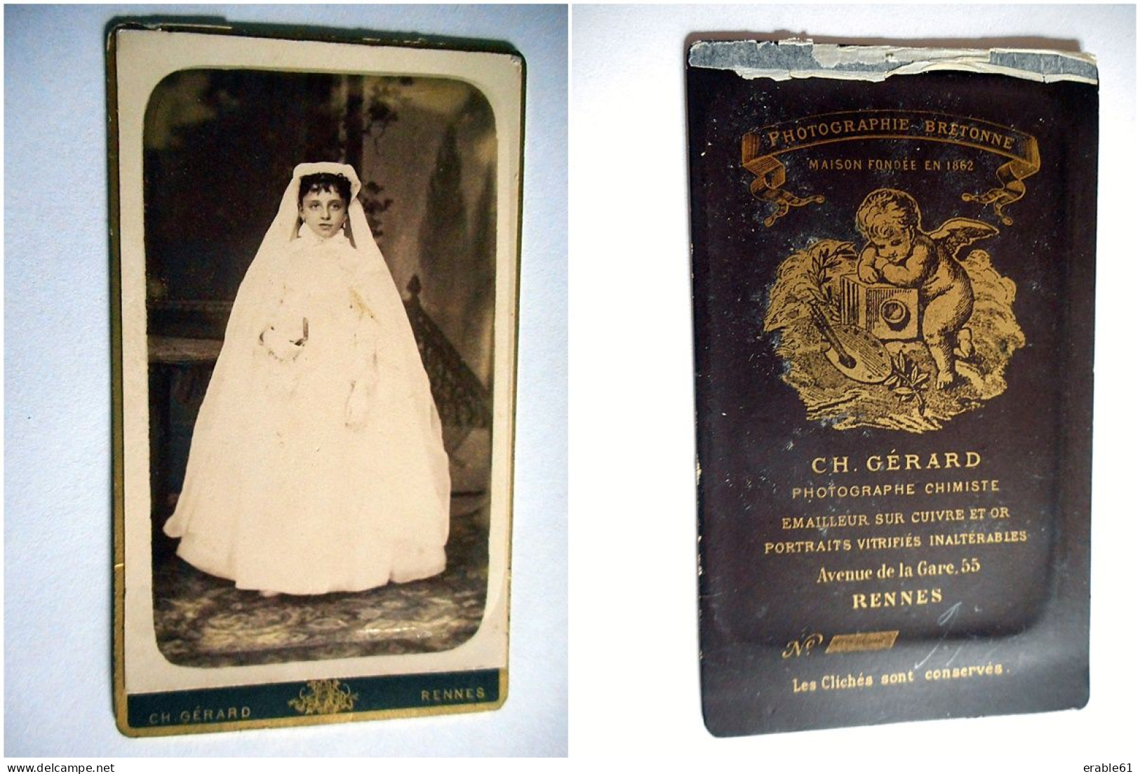 PHOTO CDV JEUNE FILLE COMMUNIANTE  MODE Cabinet GERARD A RENNES - Oud (voor 1900)