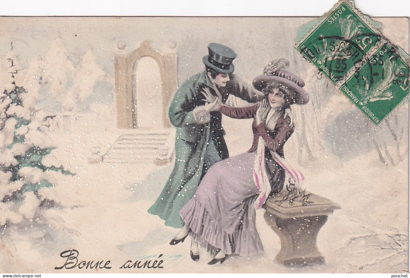 JA 28- " BONNE ANNEE " -  COUPLE STYLE VIENNOISE DANS DECOR ENNEIGE - CARTE COLORISEE - Nieuwjaar