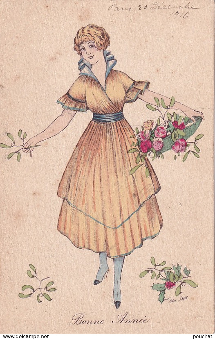 JA 28- " BONNE ANNEE " - SOUHAITS DE PETITS FEMMES - ILLUSTRATEUR X. SAGER - FANTAISIES PARISIENNES AQUARELLEES - Sager, Xavier