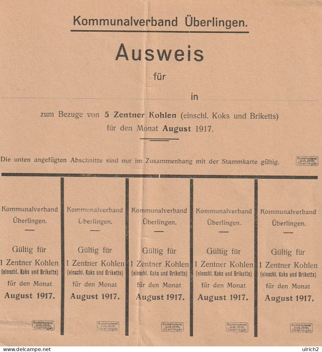 Ausweis Kommunalverband Überlingen Für Bezug Von Kohlen - August 1917  (68999) - Documents Historiques