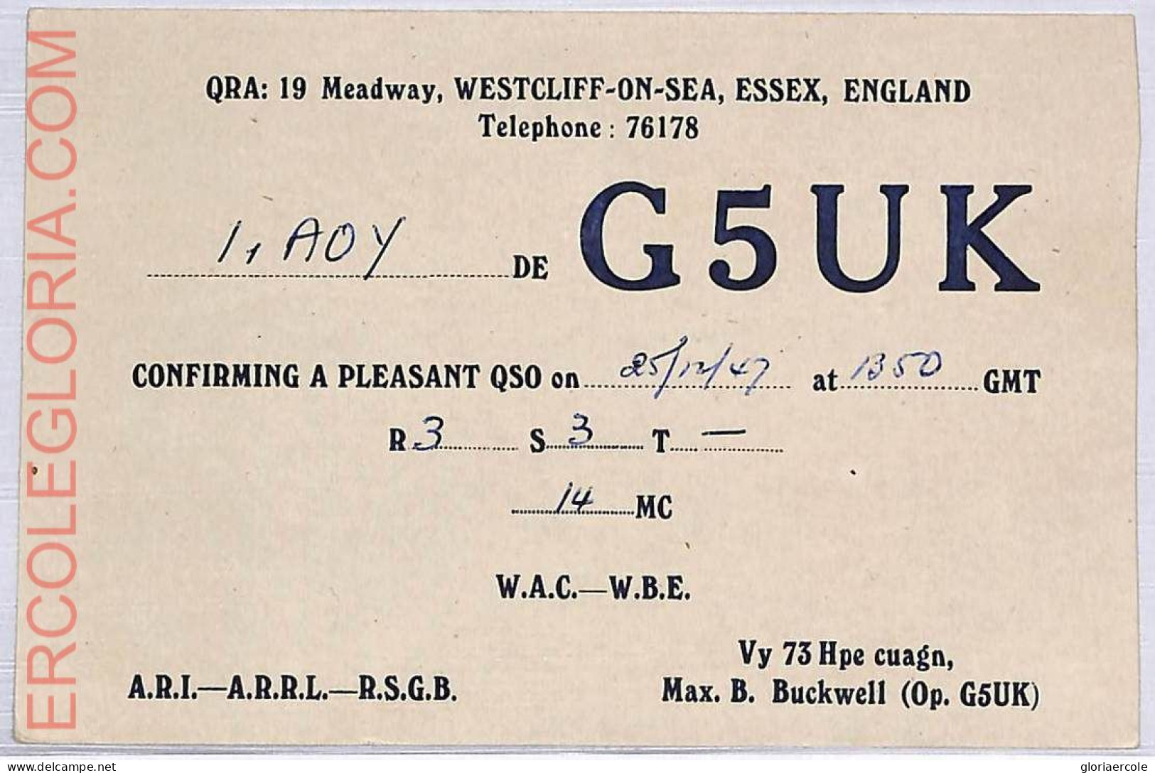 Ad9133 - GREAT BRITAIN - RADIO FREQUENCY CARD - England - 1947 - Radio