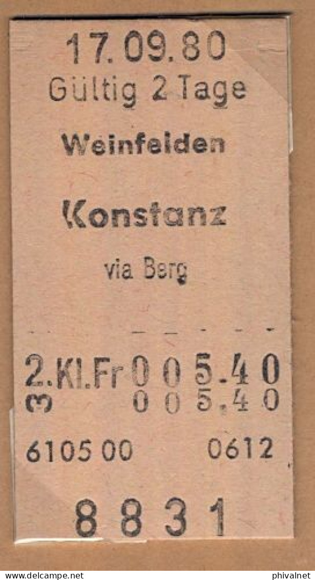 17/09/80 WEINFELDEN - KONSTANZ VIA BERG , TICKET DE FERROCARRIL , TREN , TRAIN , RAILWAYS - Europe