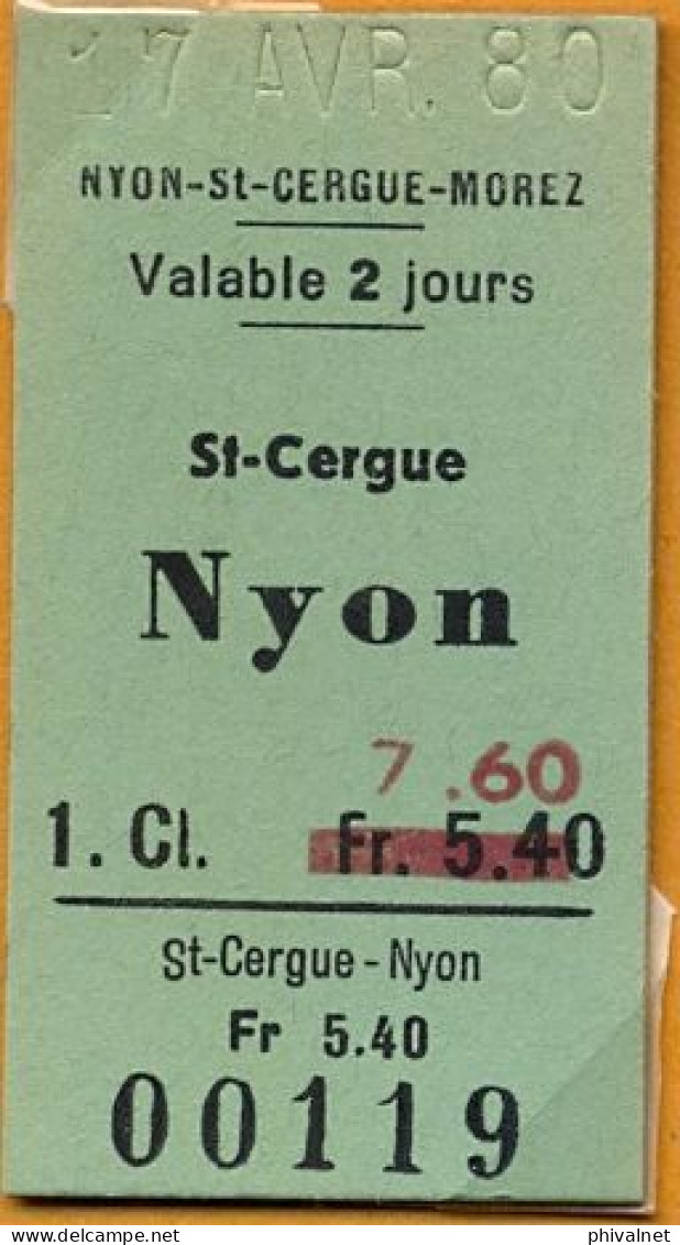 17/04/80 ST. CERGUE - NYON , TICKET DE FERROCARRIL , TREN , TRAIN , RAILWAYS - Europa