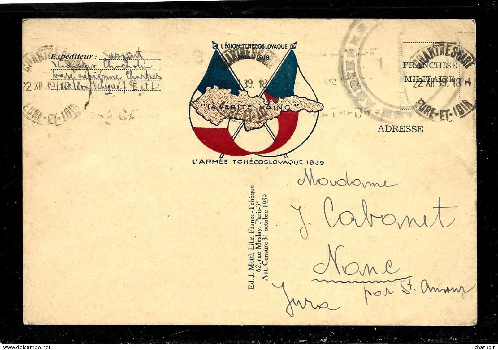 Carte Oblit CHARTRE  GARE  1939 / LEGION TCHECOSLOVAQUE ET  DRAPEAUX - WW II