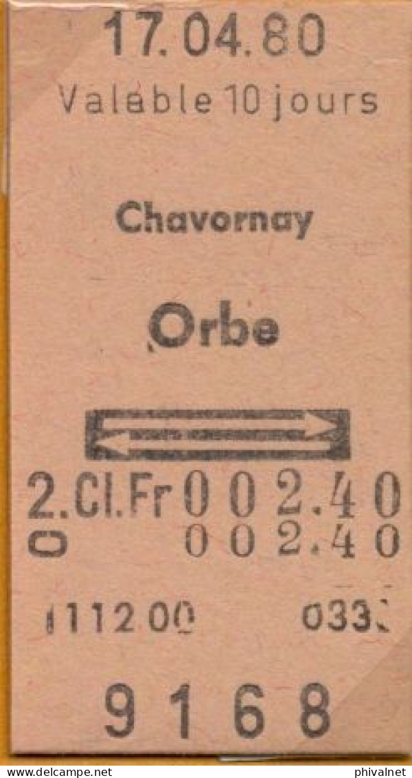 17/04/80 CHAVORNAY - ORBE , TICKET DE FERROCARRIL , TREN , TRAIN , RAILWAYS - Europe