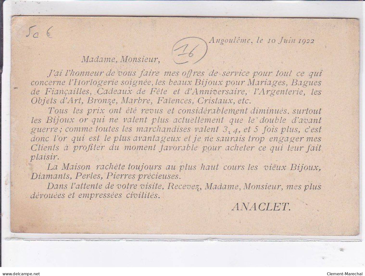 ANGOULEME: 3 Rue De Périgeux En Face Les Galeries, Horlogerie Anaclet, Bijouterie - Très Bon état - Angouleme