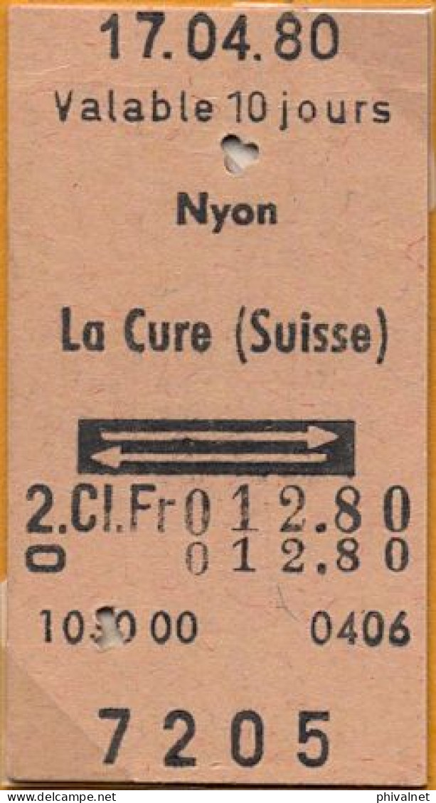 17/04/80 NYON - LA CURE , TICKET DE FERROCARRIL , TREN , TRAIN , RAILWAYS - Europe