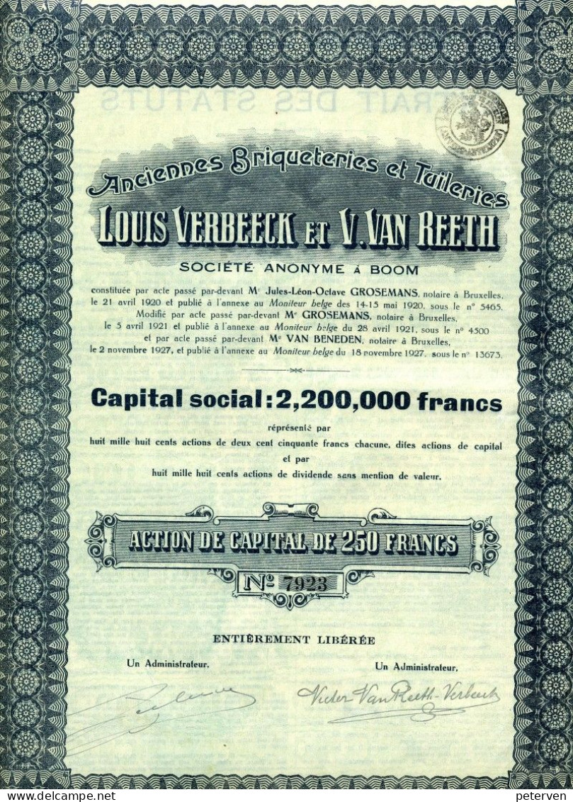 Anciennes Briqueteries Et Tuileries LOUIS VERBEECK Et V. VAN REETH; Action De Capital - Mines