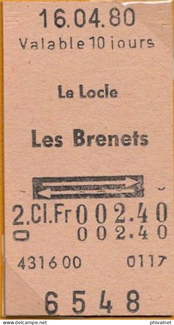 16/04/80 LE LOCLE - LES BRENETS , TICKET DE FERROCARRIL , TREN , TRAIN , RAILWAYS - Europe