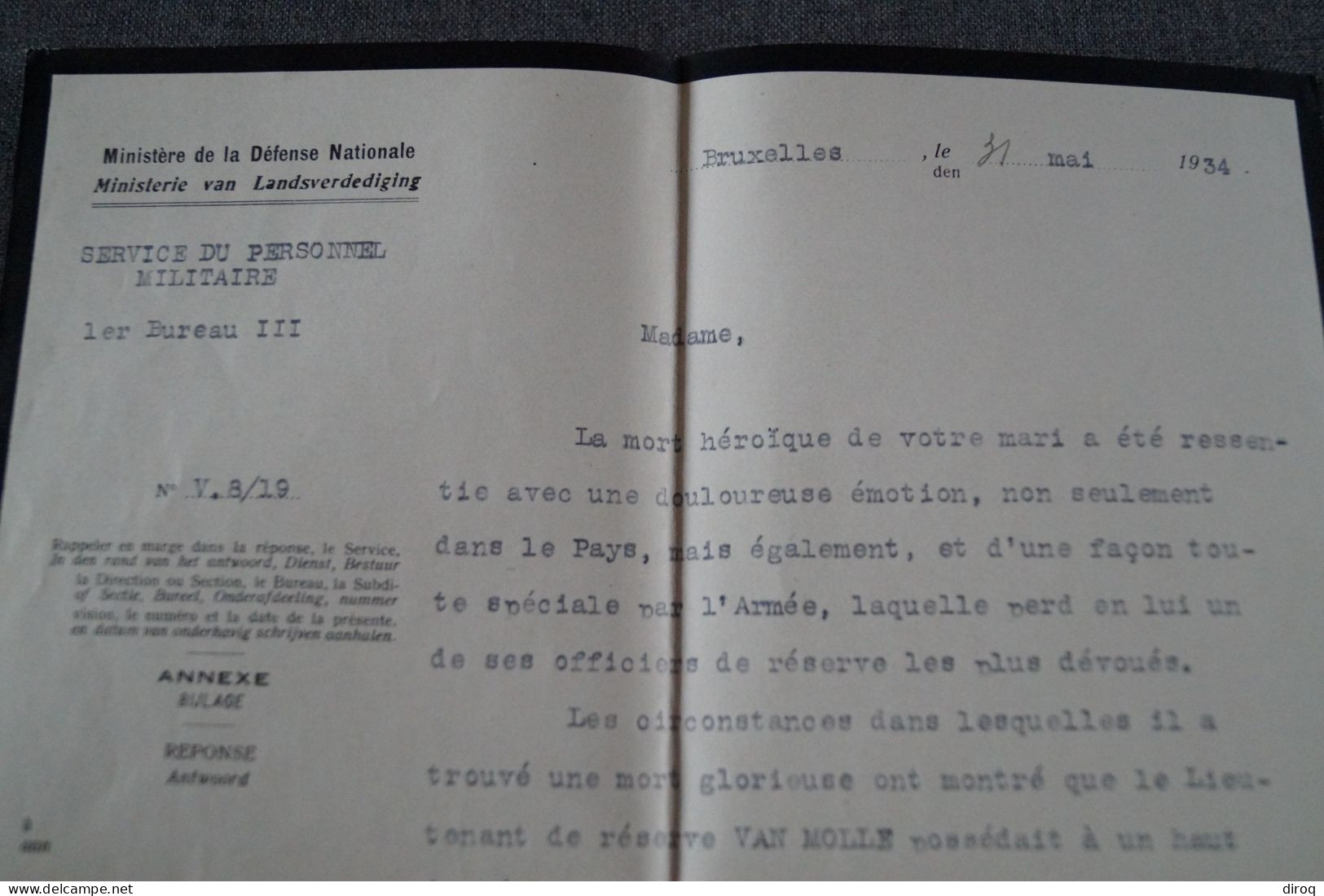 Service Du Personnel Militaire 1934,ancien Document Pour Collection - Documents Historiques